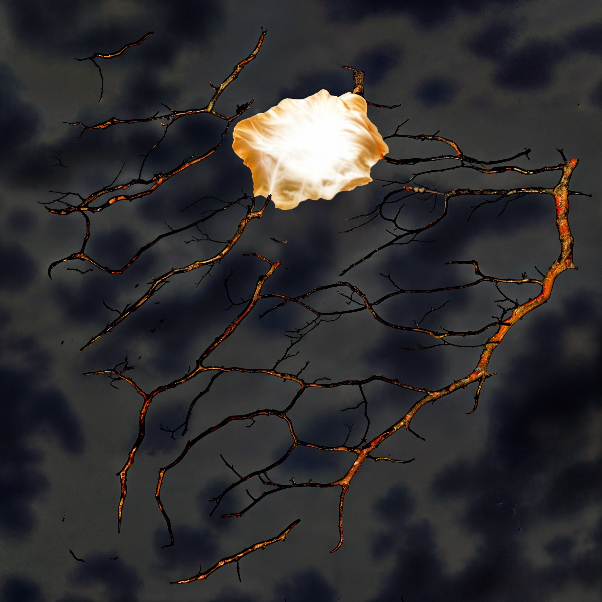 Twilight Roots, dark branches surrounding a luminous organic form