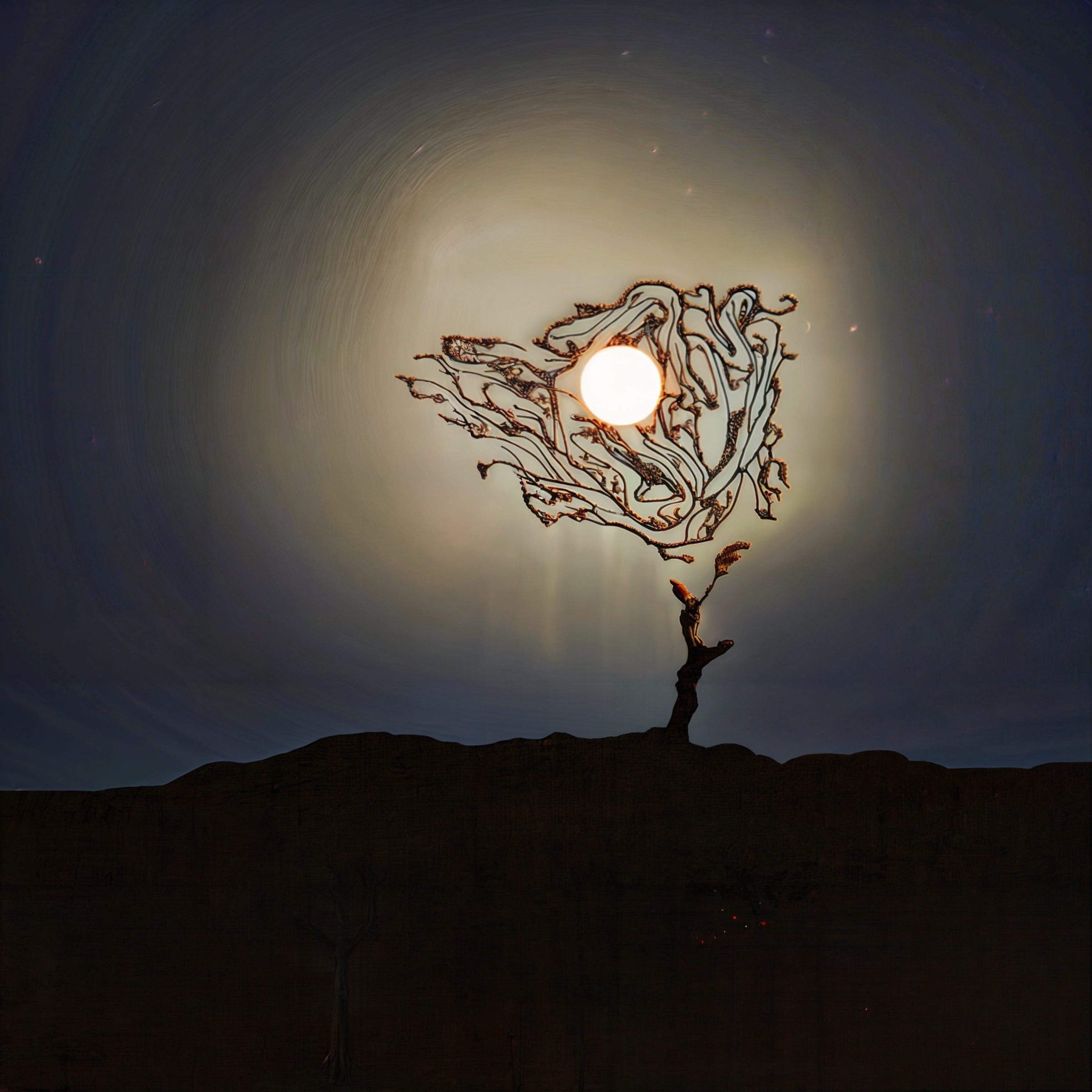 Lunar Bloom, a glowing orb held by branching organic lines above a dark horizon