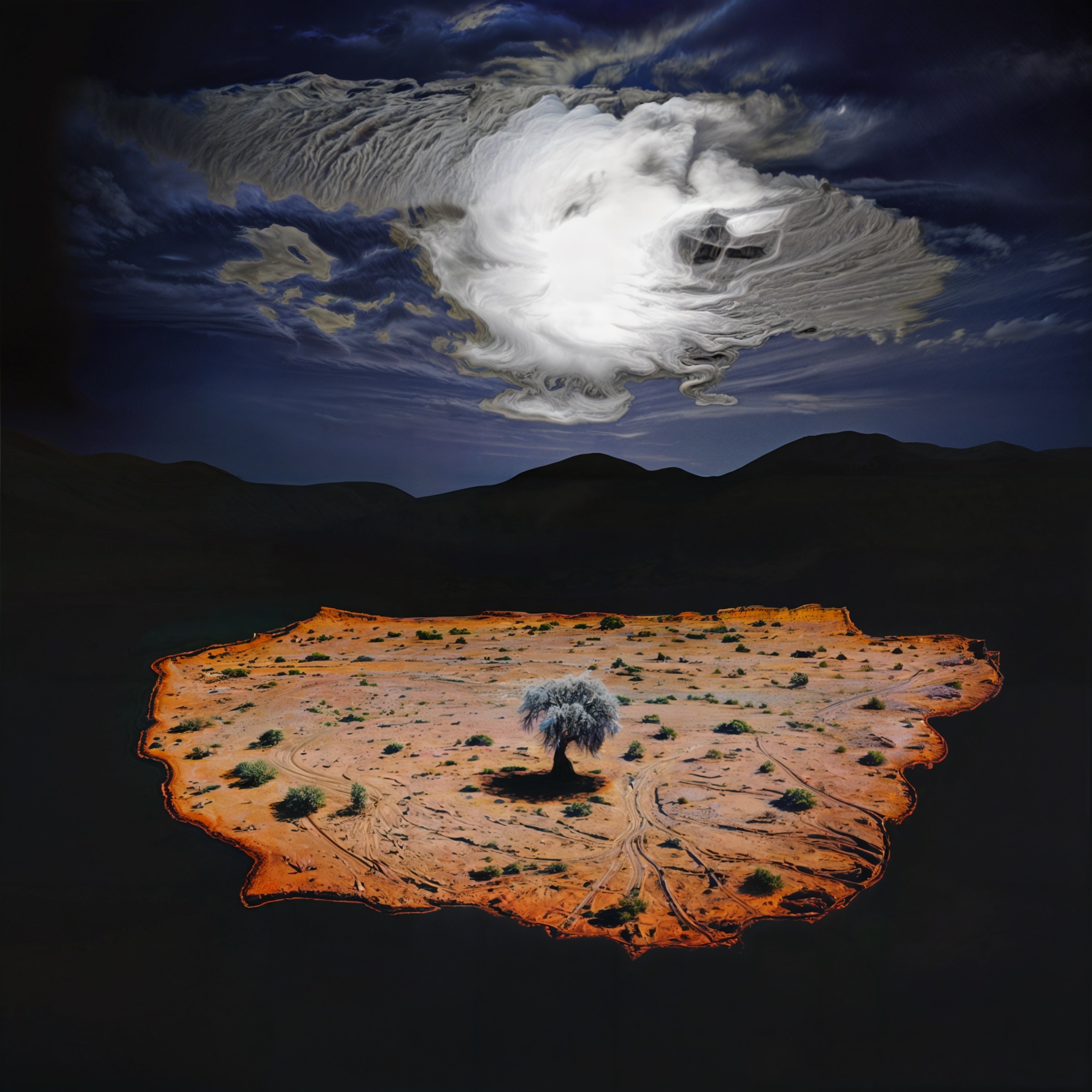 Silent Mirage, a small tree on a suspended desert fragment beneath a luminous cloud