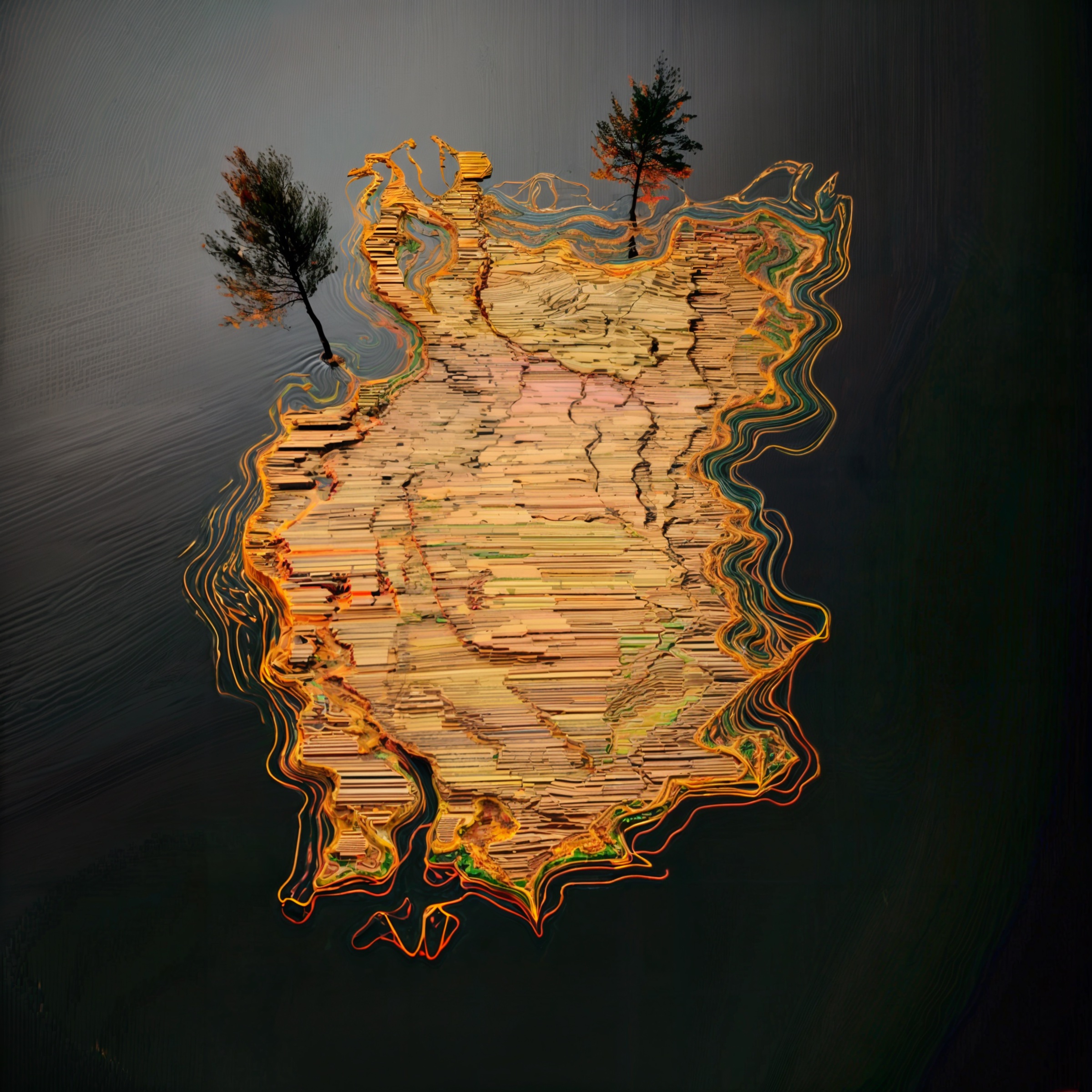 Floating Memory, a suspended textured terrain with two trees