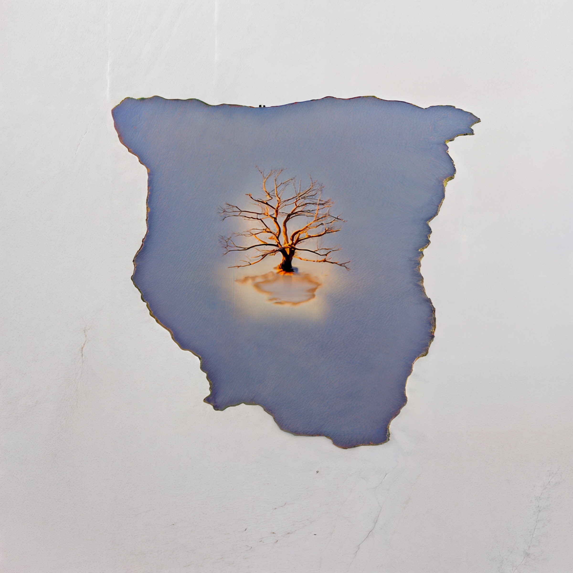 Ghost Tree, a solitary tree within a floating blue-gray fragment on white