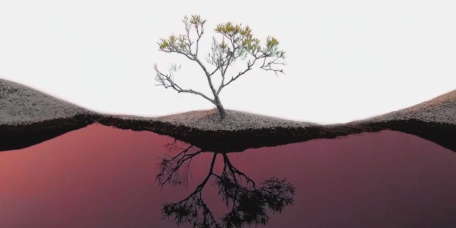 A small tree reflected across a dark horizontal landform and muted red water