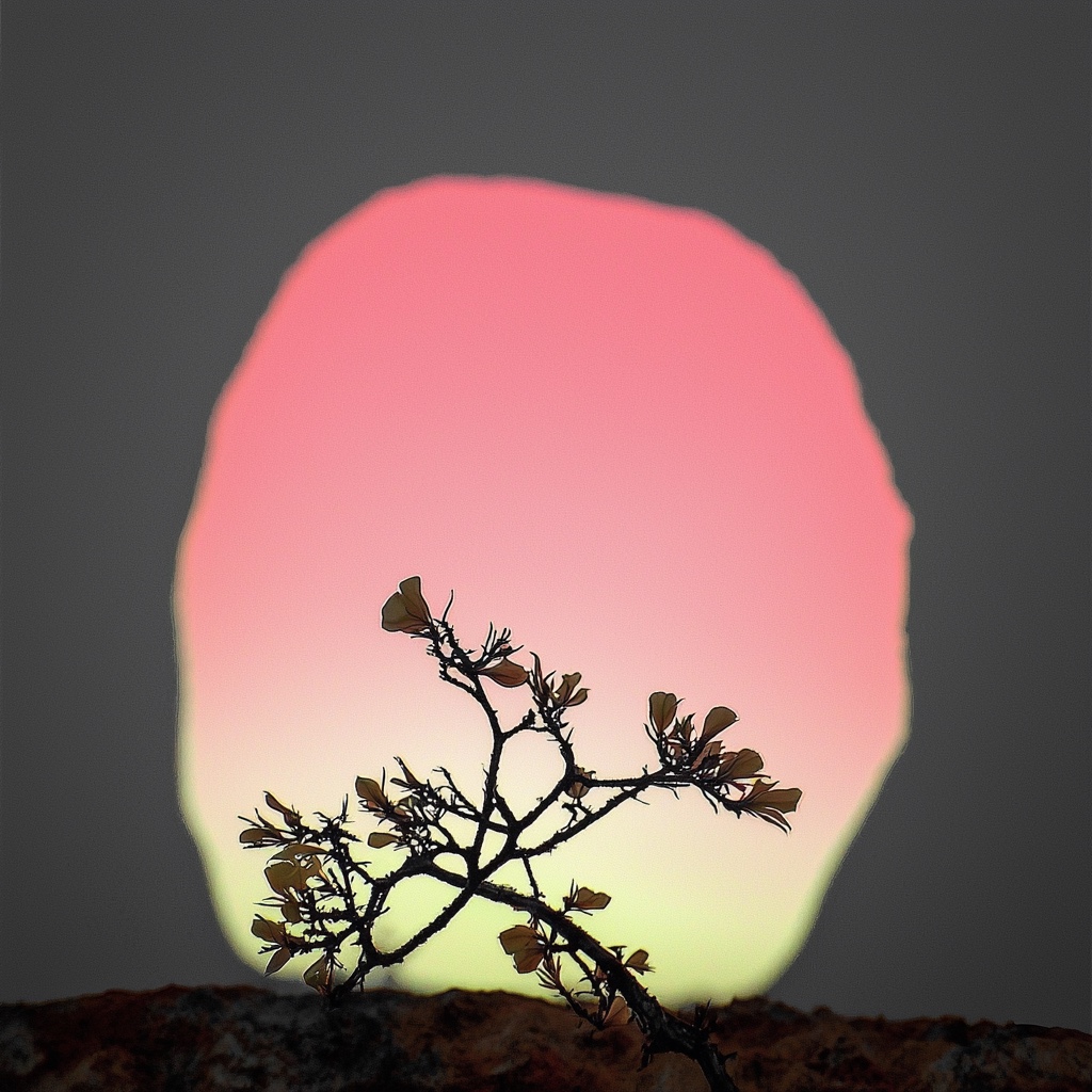 A luminous pink orb behind a dark plant silhouette, from Augmented Nature by Josh Davila
