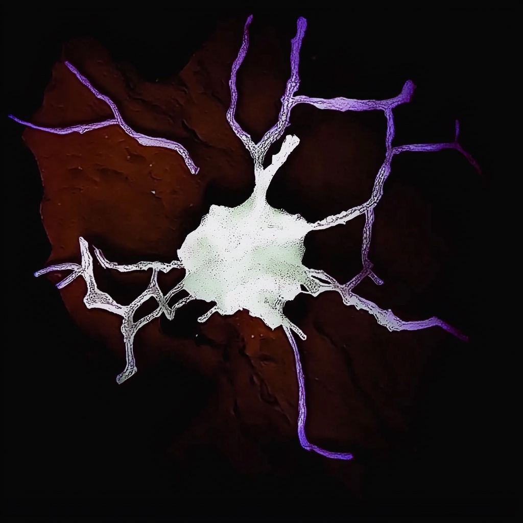 A white neuron-like branching organism against a dark red and black field