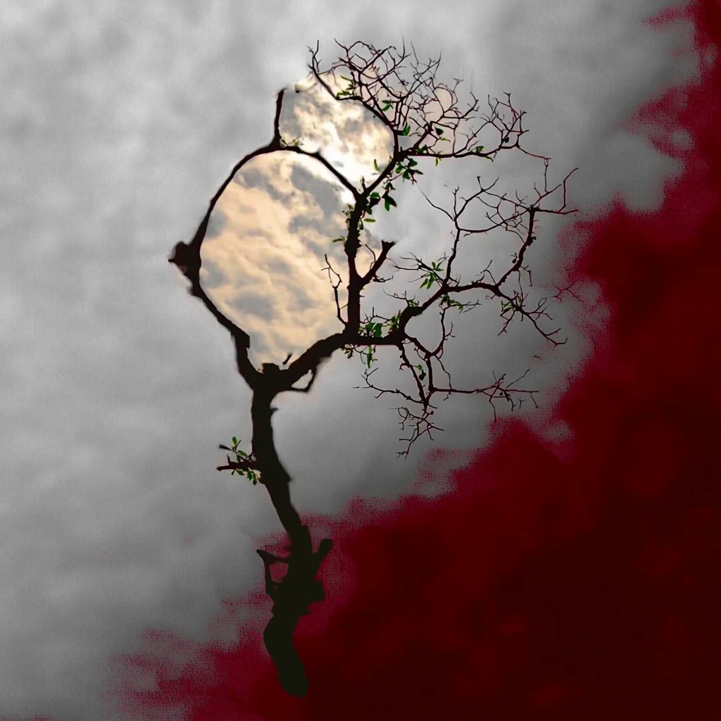 A branching tree intersects cloud apertures and a deep red field