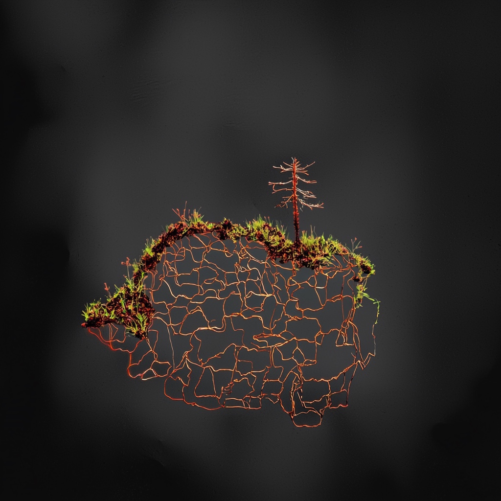 A cracked floating landform with a single red tree against black