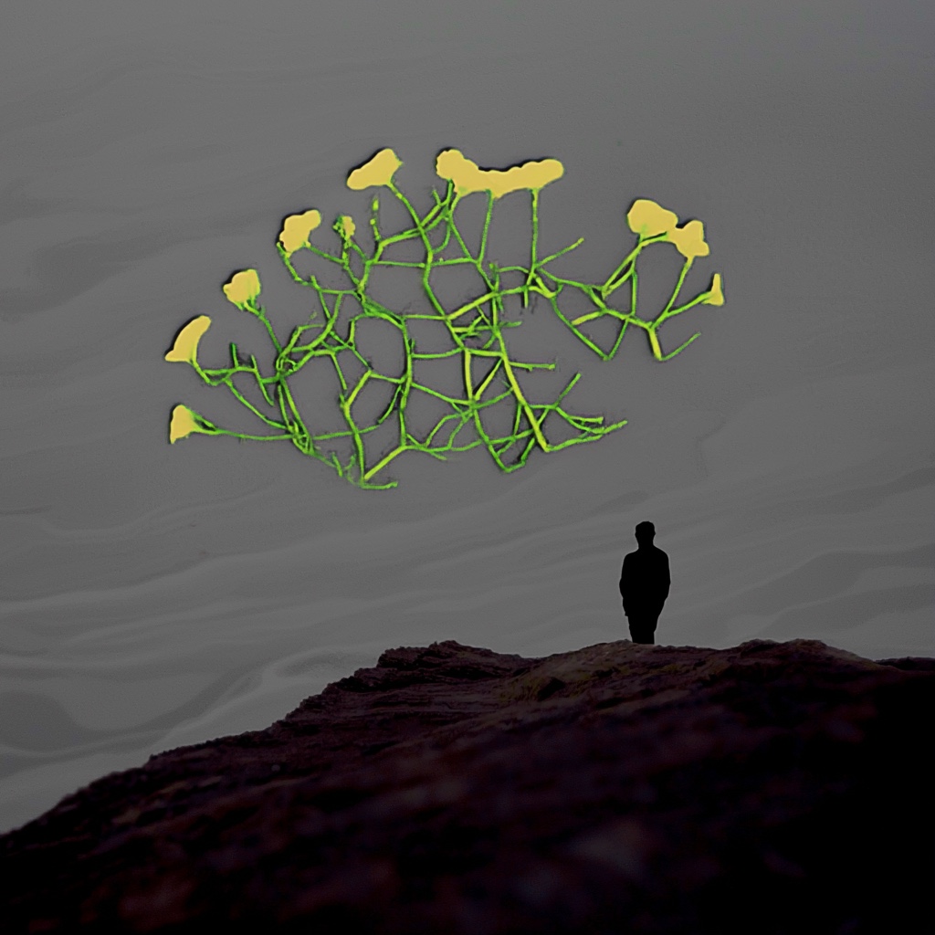 A solitary figure beneath a suspended green branching network